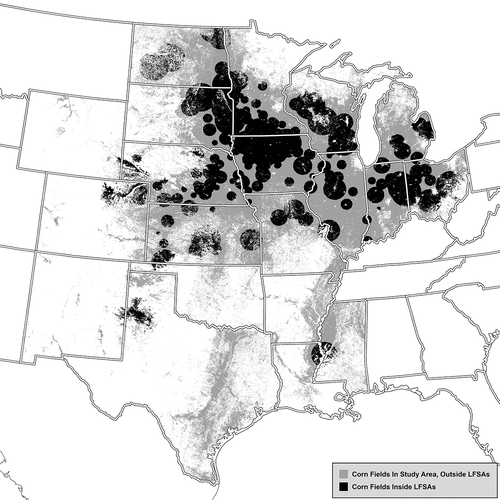 Figure 4. Local-feedstock-supply areas modeled in 2009 (darker shading) superimposed on all corn fields in the study area (lighter shading). Production data are not shown here but are included in the geospatial file used to create this plot.