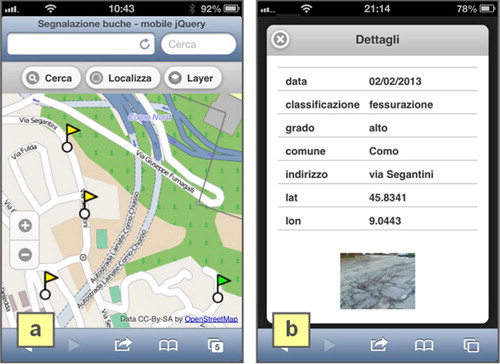 Figure 9. Visualization (a) and querying (b) of pavement damages WMS layer into the client for small-screen mobile devices.