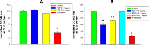 Figure 4 Effect of FDP-(NV) on HepG-2 (A) and HUVEC (B) NADPH-dependent oxidoreductase activity tested in the MTT assay.