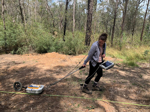 Figure 1. Mala X330 GPR in use. The transmitting and receiving antennae are inside the grey Mala box, with the GPR wheel at the back, and an extendable pole at the front. The monitor is used to set the survey parameters and can also display real-time data as the survey is progressing. This is useful to check that the wheel is tracking distance correctly.