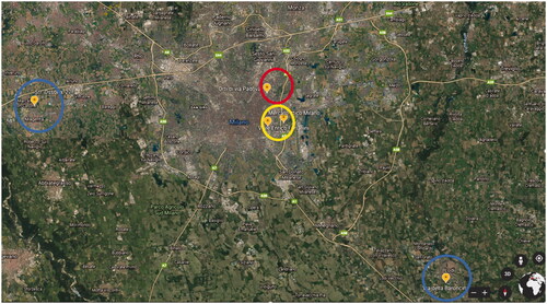 Figure 1. Map of the sampling sites: red circles urban sites, yellow circle suburban sites; blue circles suburban-rural sites.