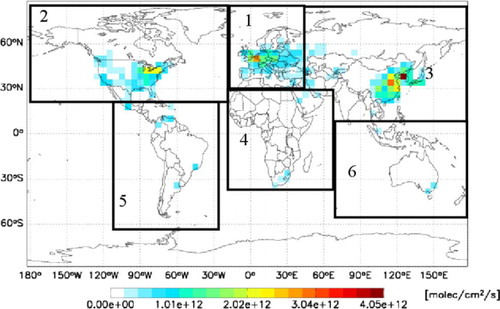 Fig. 1 Global CO anthropogenic surface emissions (in molec/cm2/s). Black boxes depict the geographical regions considered in GEOS-CHEM tagged CO analysis; 1: Europe, 2: North America, 3: Asia, 4: Africa, 5: South America, 6: Oceania.