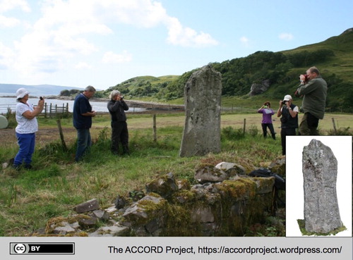 FIGURE 1 Members of the Ardnamurchan Community Archaeology Group and the ACCORD project team engaged in photogrammetric recording of Camas Nan Geall early mediaeval cross-incised standing stone. A visualization of the finished model is in the bottom right. (CC-BY, ACCORD Project).