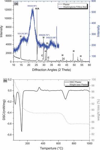 Figure 1. (a) XRD of the WF fiber and plaster matrix (H = CaSO4_0.5 H2O; H/A = CaSO4; C = CaCO3) and (b) TG/DSC of the plaster matrix.