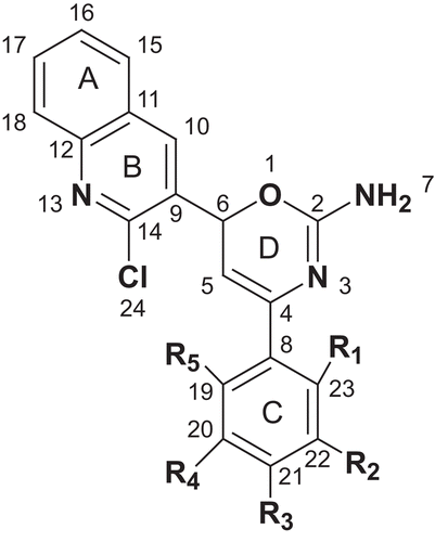 Figure 1.  Structure of 6-(2-chloroquinolin-3-yl)-4 substituted phenyl-6H-1,3-oxazin-2-amine.