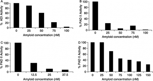 Figure 2 Effect of different concentrations of amyloid peptides (1–42; 12–28; 22–35) on ADI and PAD II activity; 100% = 0.2 Umg-1. [A] 22–35 on ADI [B] 12–28 on PAD II [C] 22–35 on PAD II [D] 1–42 on PAD II. Data points are averages of duplicate readings.