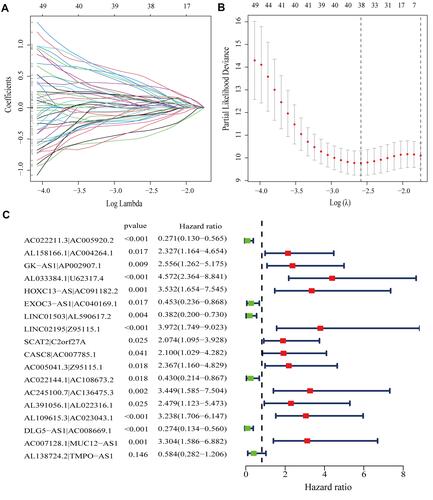 Figure 3 Construction of a prognostic signature via DEfalncRNA pairs. (A) Option of the parameter (λ) with 10-fold cross-validation. (B) Curves of Lasso coefficients for 38 DEfalncpairs RNAs. (C) Cox regression identified 18 DEfalncRNA pairs visualized as forest plots.