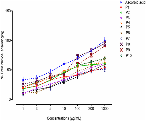Figure 2 Antioxidant potential of all synthesized compounds (P1-P10) using DPPH assay. The presence of phenolic groups in compounds P8 and P9 contributed to the inhibition of DPPH radicals.