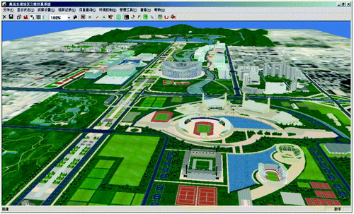 Figure 1.  3D virtual reality scene of the Beijing 2008 Olympic Park (image courtesy of CEODE).