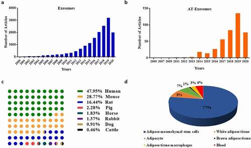 Figure 1. Classification and statistics of articles related to exosomes and AT-Exosomes. (a). Number of exosomes literatures along with year. (b). Number of AT-Exosomes articles along with year. (c). The literatures of AT-Exosomes in different species including human, mouse, rat, pig, horse, rabbit, dog and cattle. (d). Source of AT-Exosomes. AT-Exosomes, adipose tissue-derived exosomes