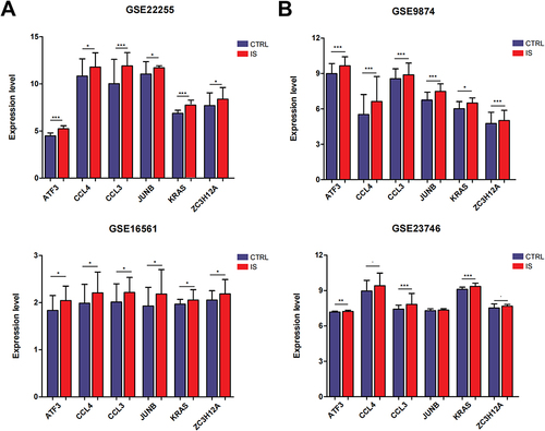 Figure 11 Six hub genes expression levels in IS-related datasets (GSE22255 and GSE16561) (A) and AS-related datasets (GSE9874 and GSE23746) (B). * p<0.05, ** p<0.01, ***p<0.001.