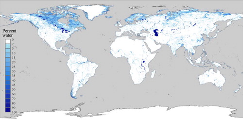 Figure 2. Global water data derived from the 8756 Landsat ETM+ images in the GLS 2000 dataset.Note: The data were spatially aggregated from binary (water/nonwater) at 30-m-resolution to percent water at 0.1 degree resolution for display.