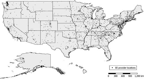Figure 2. Locations of EE providers in the U.S. that offer single-day field trip programming for students in grades 5-8 (n = 2,930).