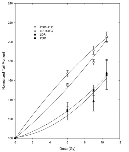 Figure 4. Tail moments normalized to unirradiated controls following LDR and PDR irradiation with/without hyperthermia for the MCF7 cell line. Student's t-test determined that the differences between matched PDRH and LDRH doses are not statistically significant at the 95% confidence level. Differences between PDR and PDRH as well as LDR and LDRH matched doses are significant when combining the PDR and LDR data vs. PDRH and LDRH data.