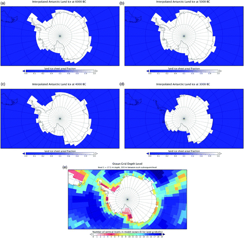 Fig. 1 Ice sheet distributions around Antarctica for (a) 6000 BC, (b) 5000 BC, (c) 4000 BC, and (d) 3000 BC according to ICE-4G (Peltier, 1994) interpolated to the resolution of the UVic ESCM. The model's land–ocean boundaries around Antarctica are provided in (e).