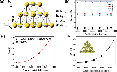 Figure 1. Geometrical and electronic properties of model Au clusters under OEEF [Citation87]. (a) Optimized geometry of Au19 without OEEF, (b) variation of different Au-Au distances (a, b, c, and d in Å) in Au19 under OEEF, and (c) and (d) theoretical EA values (in eV) of Au19 and Au20 as a function of different OEEF intensities (in au). Adapted with permission from ref 87. Copyright 2002 American Chemical Society.