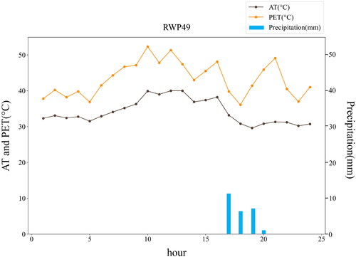 Figure 10. Changes in AT, PET, and precipitation over one day under RWP49.