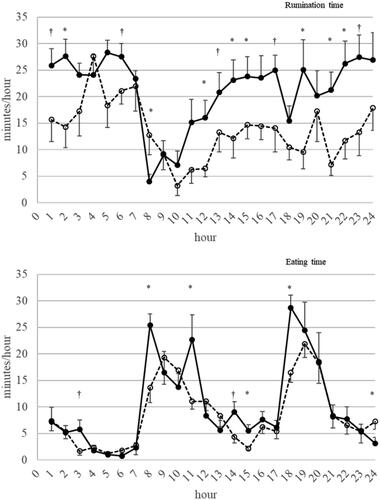 Figure 4. Mean ± SEM of rumination and eating time (min/h) in FRESH (dairy cows at thermoneutral condition; solid line) and STRESS (dairy cows under heat stress; dotted line) period. A mixed model analysis for repeated measures showed that the experimental period (FRESH, STRESS) × hour of the day interaction tended to be significant (p = .06) and significant (p < .01) for rumination and eating time, respectively. Pairwise comparisons between periods within specific hour of the day were reported. Experiment 1. † = p < .10; * = p < .05.