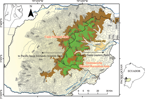 Figure 3. Consolidated map of the area predicted to contain all eighteen surrogate bird species in the páramo landscape of Macizo del Cajas Biosphere Reserve (yellowish polygon), southern Andes of Ecuador. Area shown in green is where all predicted habitat suitability of individual surrogate species from MaxEnt models overlap (pixel value = 18; see Methods). The brownish polygon is the distribution of páramo grassland ecosystem (>3,400 m.a.s.l.). The arrows indicate the western and eastern flanks of the study area (see study area description).