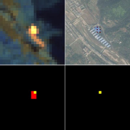 Figure 10. Illustrative 25 × 25 thirty-meter pixel subset (centered on 27.6511°N, 120.1995°E) of the China image (Table 2). Top left: top of atmosphere (TOA) Landsat-8 reflectance (2.20, 1.61, and 0.87 μm shown as red, green, and blue, respectively). Bottom left: GOLI active fire detections without multi-temporal commission reduction. Top right: High-resolution Google Earth imagery sensed after the detection date on 17 January 2015 with active fire detection locations shown as dots. Bottom right: Remaining GOLI active fire detection commission error after the application of the GOLI multi-temporal commission reduction. Figures appear in color in the online version.