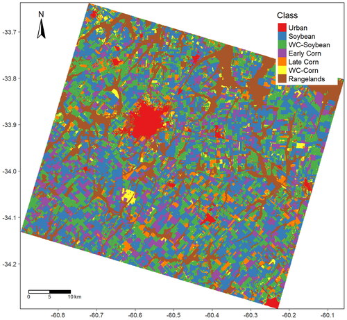 Figure 5. Example of the proposed crop-type map. It corresponds to the obtained using the σVV0 + σVH0 + γVV SAR features for Range 4 to train the classifier. Urban areas were masked out with the Global Man-made Impervious Surface (GMIS) Dataset from LANDSAT (Brown de Colstoun et al. Citation2017).