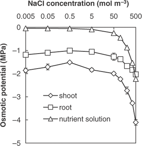 Figure 4. Osmotic potential of shoots and roots of Salicornia bigelovii plants subjected to salt (NaCl) treatment for 28 days and of the nutrient solution. Data points represent mean ± standard errors (n = 3).