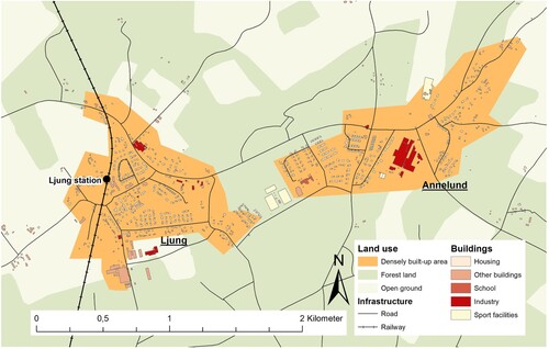 Figure 5. Map of Ljung-Annelund showing the town’s oblong structure with the recreation area and sports field between the two more densely built-up areas, which include one larger and two smaller industries and a school. Source: Lantmäteriet (Citation2019).