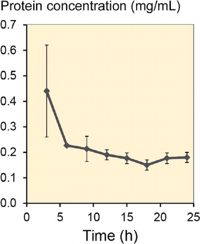 Figure 4. Total protein concentration in microdialysates recovered in vivo over 24 h in 3-h intervals, in three animals. PER/0.01% Dex was used as perfusate at a flow rate of 2 µL/min. Values represent mean (SD).