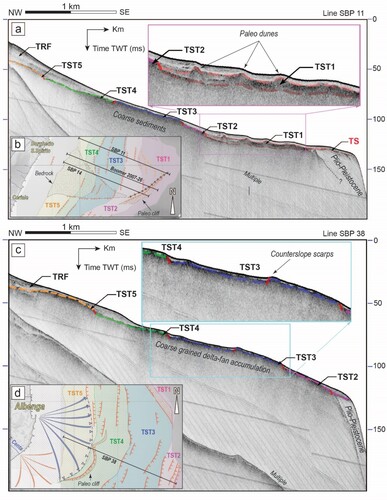 Figure 7. (a) Seismic SBP line 11 shows the accumulation features of the TST1 subunit in the outer shelf area, consisting of symmetrical, high-reflective ridges with troughs filled with less reflective deposits. (c) Seismic SBP line 38 showing a thickness of the TRF unit minimal, or absent, while the THARF reflector is generally more irregular associated with small depressions and sub-outcropping reliefs. (b) and (d) Insets of the TST subunits distribution map with the location of the seismic lines.