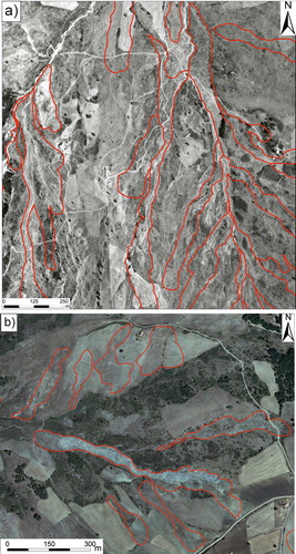 Figure 1. (a) example of a b/w aerial photograph (1:15,000 nominal scale, year 1974) showing the geomorphological pattern of widespread earth-flow phenomena affecting a slope located about 10 km to the east of the Potenza city. (b) Interpretation of mass movement processes occurring in a slope near the Albano di Lucania town (central sector of the region) through the visual inspection of a high-resolution ortho-rectified image (year 2008).