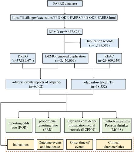 Figure 1 The flow diagram of selecting olaparib-related AEs from FAERS database.