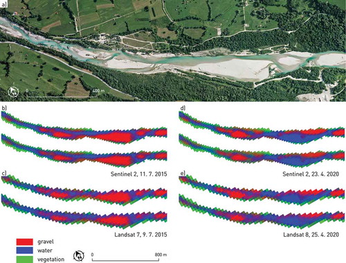 Figure 8. Fraction maps for the zoomed-in area, marked by a purple rectangle in Figure 1 b). a) Aerial orthophoto of the area acquired on 26. 6. 2015 (data source: Surveying and Mapping Authority of the Republic of Slovenia, Citation2015). b) – e) Fraction maps generated with manually selected endmembers shown on top and fraction maps generated with automatically selected endmembers shown on the bottom. Remote sensing system and acquisition date indicated in lower right