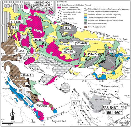 Figure 9. Regional frame of unpublished and published U-Pb zircon geochronology in the Rhodope metamorphic basement and adjacent terranes (zones) and derived from this study. Map constructed using Ricou et al. (Citation1998) and Bonev, Marchev, and Singer (Citation2006a). See the text for details and Figure 2. Geochronology data sources and methods: (1) Himmerkus et al. (Citation2006) Pb/Pb evaporation, (2) Himmerkus, Reischmann, and Kostopoulos (Citation2009) Pb/Pb evaporation, (3) Macheva et al. (Citation2006) ID TIMS/LA-ICP-MS, (4) Zidarov et al. (Citation2003) ID TIMS, (5) Peytcheva et al. (Citation2009) ID TIMS/LA-ICP-MS, (6)Graf et al. (Citation1998) ID TIMS, (7) Zagorchev et al. (Citation2011) LA-ICP-MS, (8) Naydenov et al. (Citation2009) LA-ICP-MS, (9) Arkadakskiy et al. (Citation2003) ID TIMS, (10) Ovtcharova (Citation2005) ID TIMS, (11) Carrigan et al. (Citation2003) HR SIMS, (12) Carrigan et al. (Citation2005, Citation2006) HR SIMS, (13) Şahin et al. (Citation2011) SHRIMP/LA-ICP-MS, (14) Anders et al. (Citation2006) ID TIMS/SHRIMP, (15) Okay et al. (Citation2008) LA-ICP-MS/TIMS Pb evaporation. Concordant ages in metamorphic rocks derived from this study are shown.