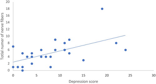 Figure 2. Regression between total number of CGRP-positive nerve-like fibers and depression scores.
