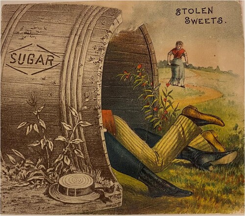 Figure 9. Closed “Stolen Sweets” advertising card, American. Jay T. Last Collection of Graphic Arts and Social History at the Huntington Library in San Marino, California. Binder: UNCATALOGUED Mechanical Kickers, etc.