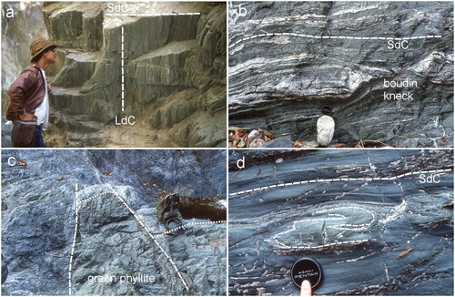 Figure 15. Typical structure within the Central Sector rocks. (a) Intersection lineation (LdC) where the dominant foliation (SdC) is the axial plane to tight folds; (b) intrafolial boudinage layers in metabasic rock; (c) small horst structure in a boundary between pale green and grey phyllite; and (d) isolated isoclinal fold hinge within SdC.
