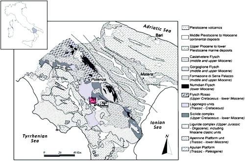 Figure 1. Geological sketch map of southern Apennines. The red frame indicates the study area (modified after Piedilato and Prosser [Citation2005]).