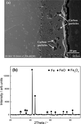 Figure 5. Cross-sectional morphology (a) and XRD analysis (b) of the CPE treated steel at 400 V for 5 min.