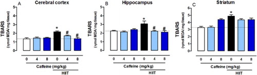 Figure 7. Effects of chronic high-intensity interval training (HIIT) and caffeine (4 and 8 mg/kg) in malondialdehyde (MDA) levels in the cortex (A), hippocampus (B) and striatum (C). Data are expressed as mean ± SEM. P < 0.05 represents a significant difference. * indicates significant difference compared to the vehicle group. # Indicates significant difference compared to the HIIT group (ANOVA one-way followed by post hoc Tukey, n = 6–8).