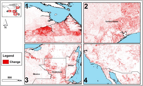 Figure 9. Spatial patterns of changes in North America within 2000–2010 are represented in red colour (colour online only).