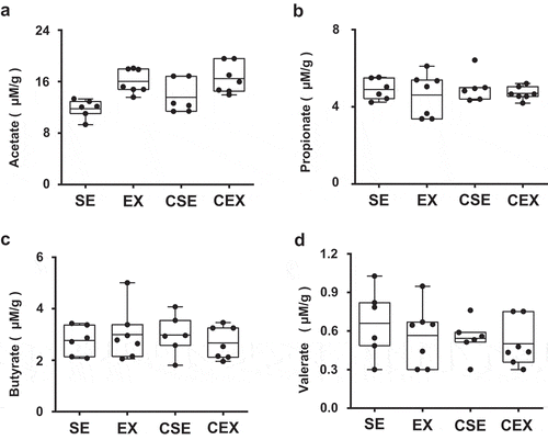 Figure 6. Effects of cellulose nanofiber (CN) intake and exercise on short-chain fatty acid (SCFA) levels in cecum.Levels of (a) acetate, (b) propionate, (c) butyrate, and (d) valerate.