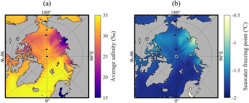 Figure 3. (a) Salinity of the sea surface layer and (b) Seawater freezing temperature in the Arctic in 2019.
