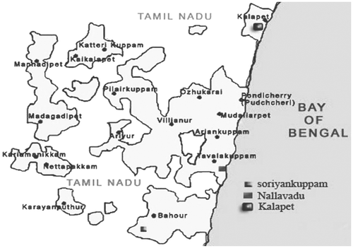Figure 1 Study area map. Image modified from: Pondicherry/Puducherry Road Map (available at https://www.mapsofindia.com/maps/pondicherry/pondicherry_road.htm).