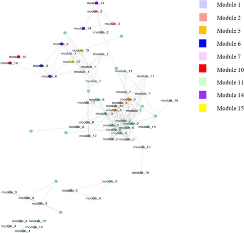 Figure 4. A graphic view of the gut microbiome network resulted from SCNIC analysis; highlighted with different colours are bacteria from significative modules for factor Sex after ANCOM analysis.