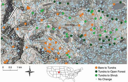 Figure 1. Map of the study area and 2000 randomly generated points showing where the three most common vegetation changes occurred as well as points that did not change vegetation type. The points are overlaid on the 2008 orthophoto with hill shading and 100 m contour lines. Bare to tundra n = 39, tundra to shrub n = 27, tundra to open forest n = 26