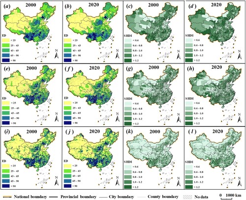 Figure 5. Evolutions of nature habitat landscapes in China.Note: (a) is ED distribution at city scale in 2000, (b) is ED distribution at city scale in 2020, (c) is SHDI distribution at city scale in 2000, (d) is SHDI distribution at city scale in 2020, (e) is ED distribution at county scale in 2000, (f) is ED distribution at county scale in 2020. (g) is SHDI distribution at county scale in 2000, (h) is SHDI distribution at county scale in 2020, (i) is ED distribution at grid scale in 2000, (j) is ED distribution at grid scale in 2020, (k) is SHDI distribution at grid scale in 2000, and (l) is SHDI distribution at grid scale in 2020.