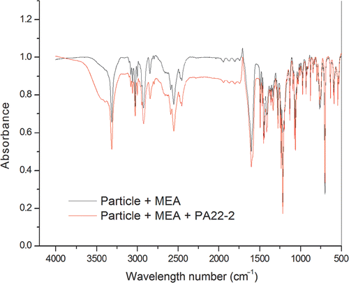 Figure 6. FTIR spectrum of microbeads coated with PA22-2 compared to control beads. The amide band appearing around 3500 cm−1 is typical for the presence of peptide on the beads.