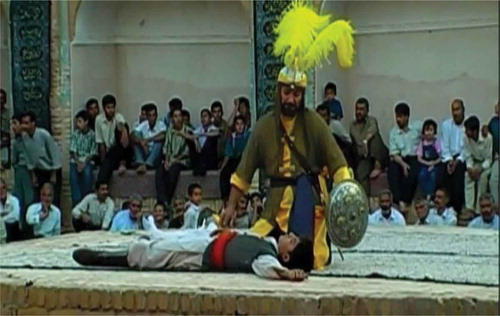 Figure 7. Hurr (the approving actor) appears in a yellow cloak and head-cover (Mousavi, Citation2009). The Arab messenger in the martyrdom of Hurr wears a shawl and when the performer is a young man, he wears a yellow head-cover only (an agreement for this distinction in Ta’ziyeh) (Shahidi, Citation2001, pp. 389–380).