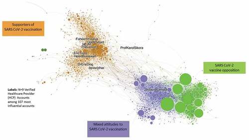 Figure 1. Network Graph of COVID-19 vaccine conversation on Twitter. Each node is a Twitter account. An edge is a retweet relations between two nodes. Labels are all the “verified” health care provider (HCP) Twitter accounts (n = 9) among the 107 most influential accounts. The size of node reflects the level of influentialness using PageRank algorithm (the bigger the node, it is more influential). Data and methods: COVID-19 and vaccine relevant Twitter data is collected between July 1st-31st of 2020 using Twitter API (Application Programming Interface). From the initial 751,691 nodes, we filtered in giant components with degree range over 7, which gave us a total of 1,992 nodes for the network analyses. Louvain algorithm is used to create the clusters, and manual coding of sample tweets from each of the major clusters was conducted to understand attitudes toward vaccine (far-left dust colored cluster: supporters of SARS CoV-2 vaccines including political leaders, media channels with HCPs accounts labeled; middle purple cluster: political leaders and other individual accounts with mixed with positive and opposing attitudes on vaccine; far-right green cluster: SARS CoV-2 opposition accounts)