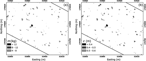 Figure 1. An example of modelled mass (left) and depth (right) of metal anomalies at a WW1 battlefield based on electrical conductivity of multiple coil pairs from an FDEM dataset. Validation of the dataset yielded ordnance or shrapnel at all (20) sampled locations where metal was predicted. Reproduced with permission (Saey et al. Citation2011Figure 10).